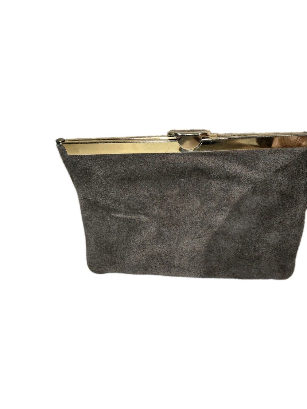 Vintage ETRA Gen Suede Leather Clutch Gray Gold Chain Kiss Lock Evening Purse